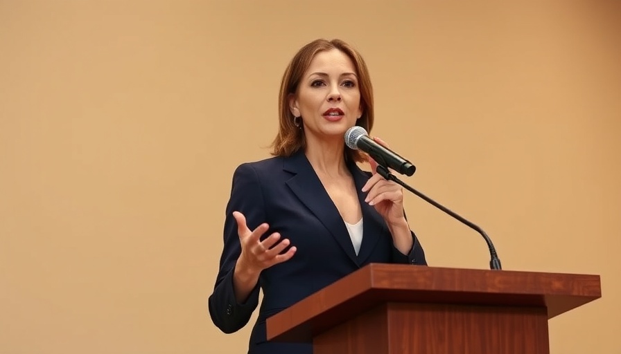 Professional woman speaking at podium related to Trump's first judicial nominee.