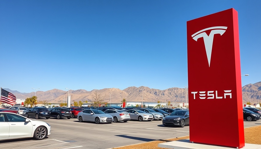 Tesla begins operations in India; red Tesla sign with a clear blue sky.