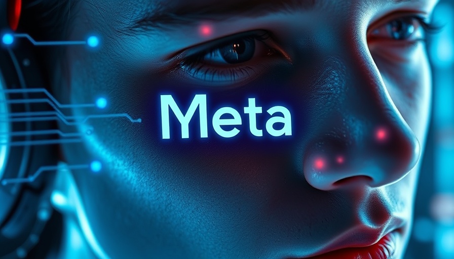 Close-up of face with Meta logo and digital effects.