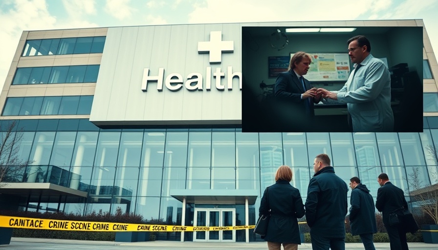 Healthcare company building and crime scene investigation highlight industry issues.