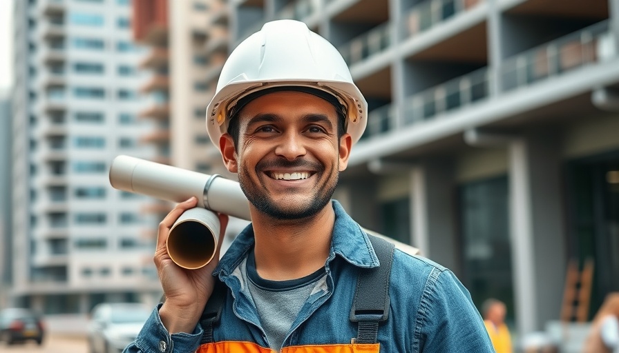 Construction worker carries pipe at sunny urban site during extreme heat.