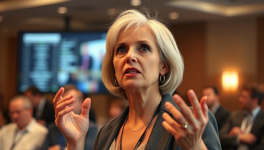 Woman speaking at a conference about climate finance for developing nations.