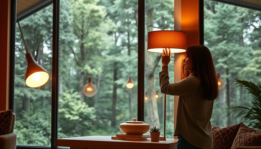 Woman in contemporary room adjusts lamp beside forest-view window.