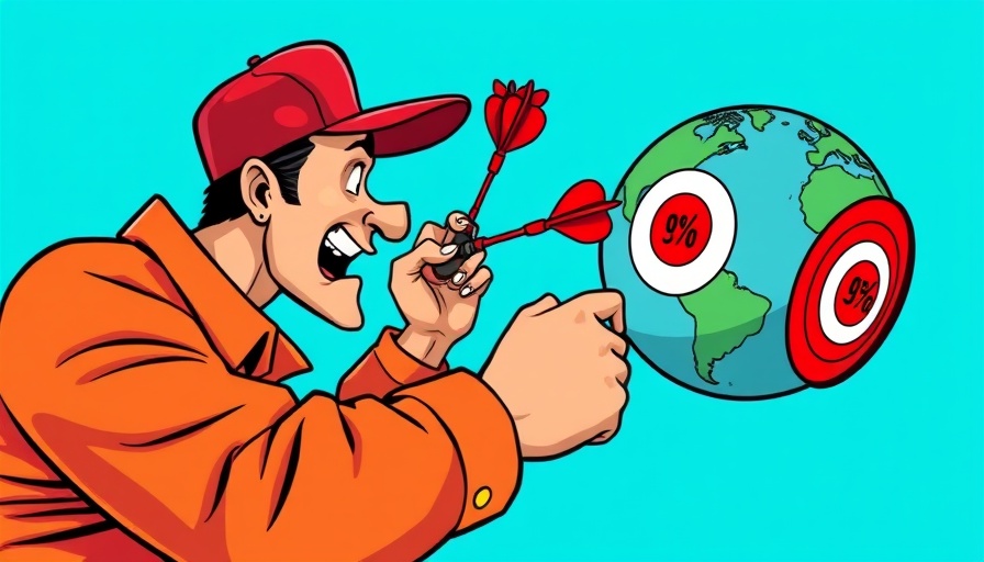 Cartoon of man aiming percentage darts at globe targets, Bay Area business news.