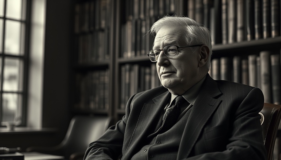 Elderly man in a suit, thoughtful indoors against a bookshelf, monochrome