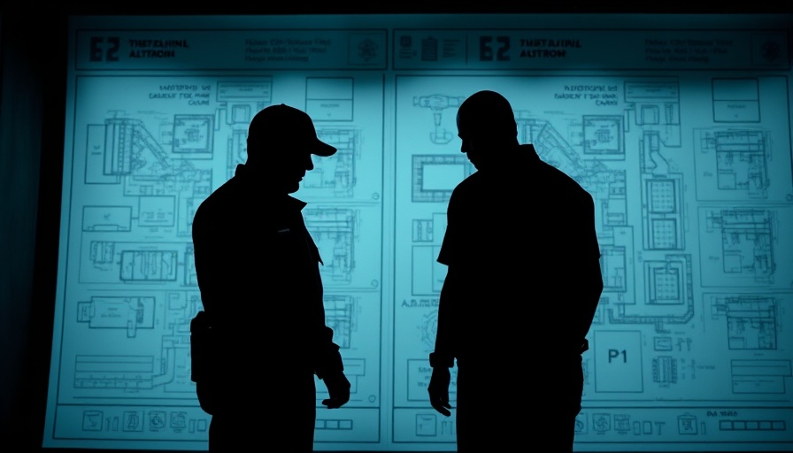 America's immigration detention industry depicted with officers and blueprints.