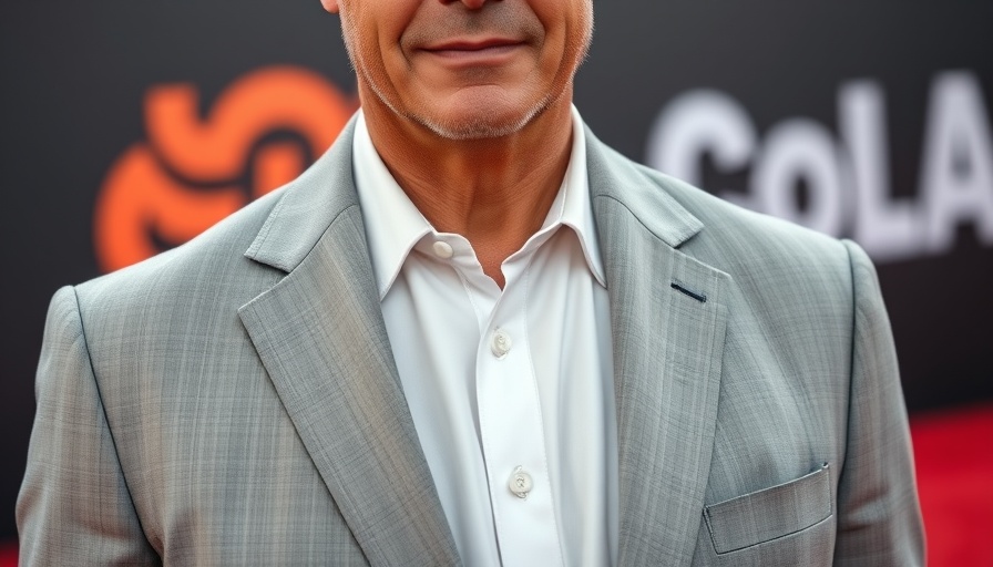 Mature man buttoning gray suit at a red carpet event
