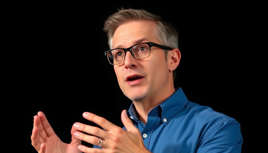 Middle aged leader confidently presenting in blue shirt.