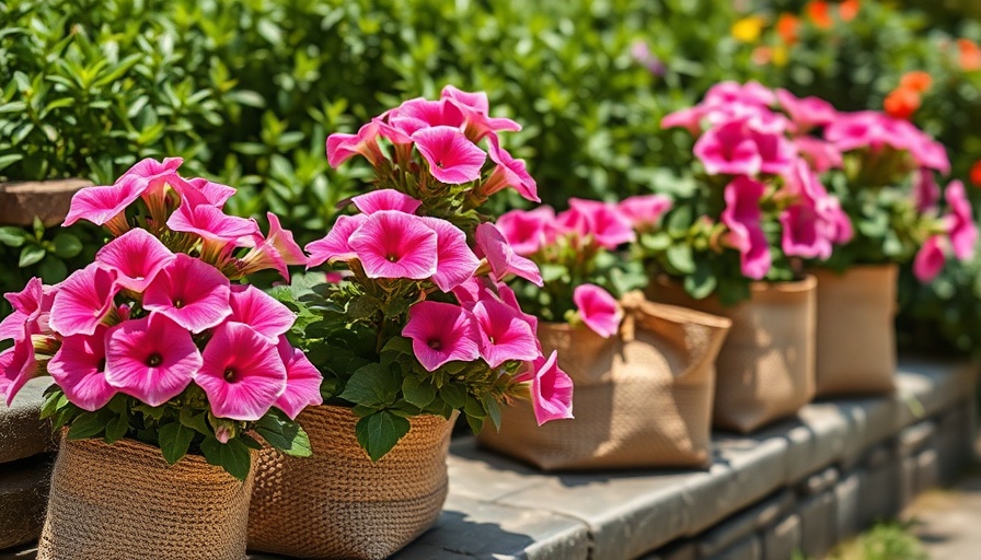 Thrifted straw bag planter with pink flowers on garden steps.