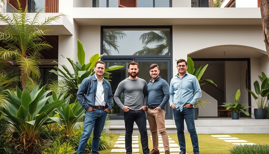 Confident group of men outside contemporary home.