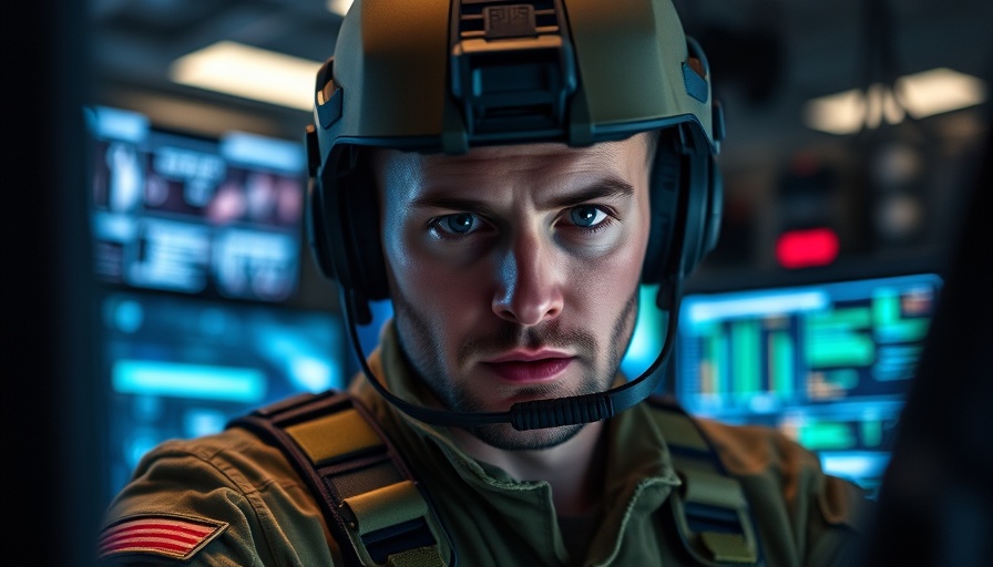 US Army soldier hacking telecoms in high-tech room with digital screens.
