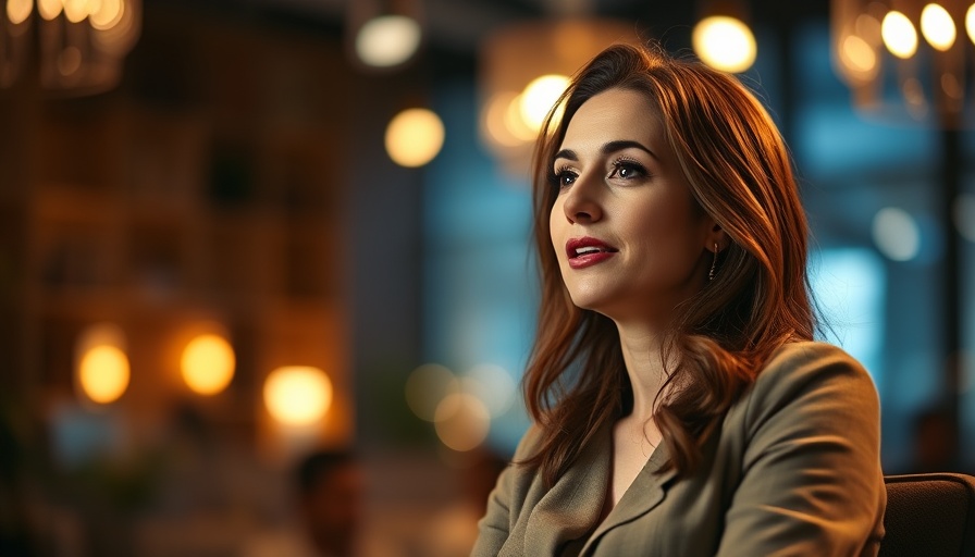 Engaging woman speaking amid bright bokeh lights, intimate setting.