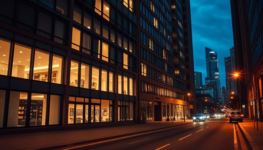 Modern building at night, illuminated windows, calm street.