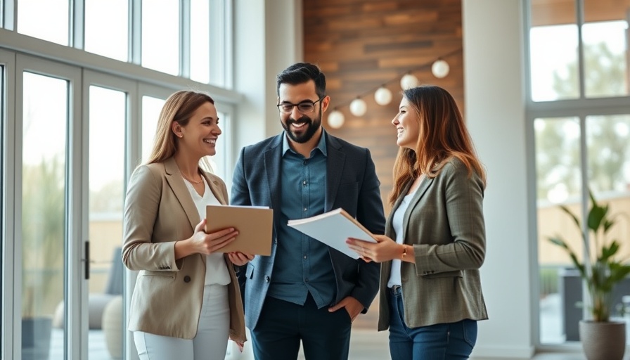 Real estate agent assisting couple in house viewing, modern interior tips.