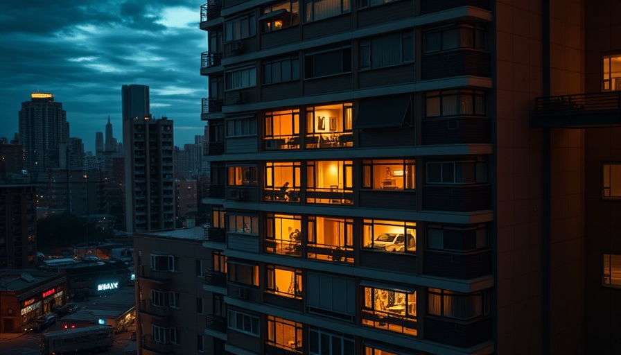 Apartment building exterior at night with city lights; renting with an eviction on your record.