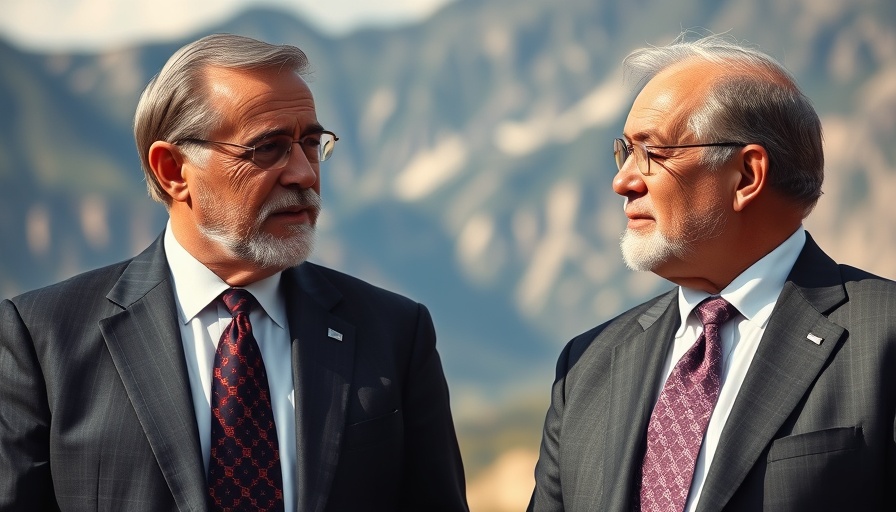 Two men discussing leadership lessons outdoors with mountains.