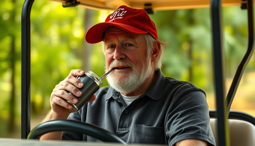 Coca-Cola real sugar production: man enjoying soda in golf cart.