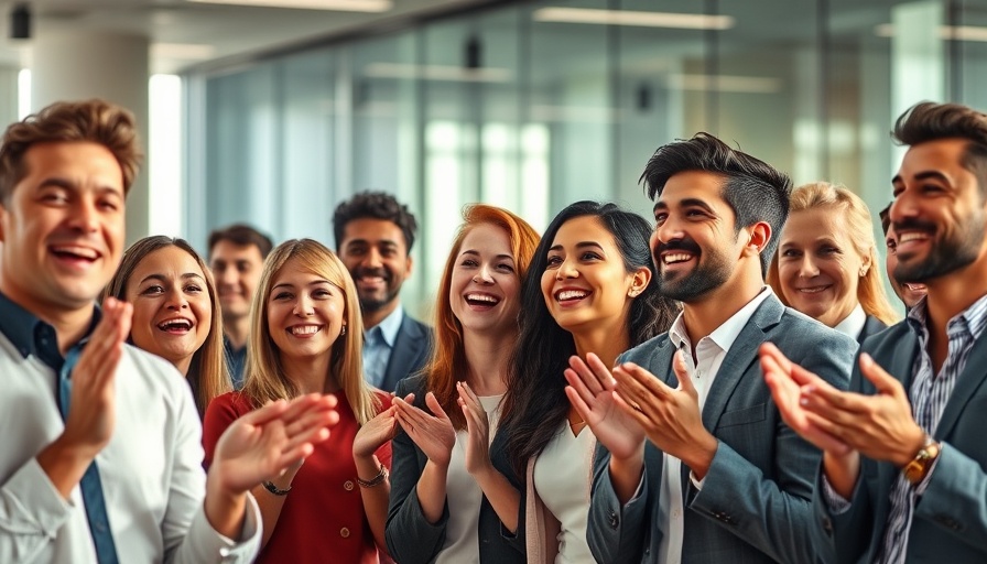 Diverse professionals applauding in a modern office, AI productivity boost.
