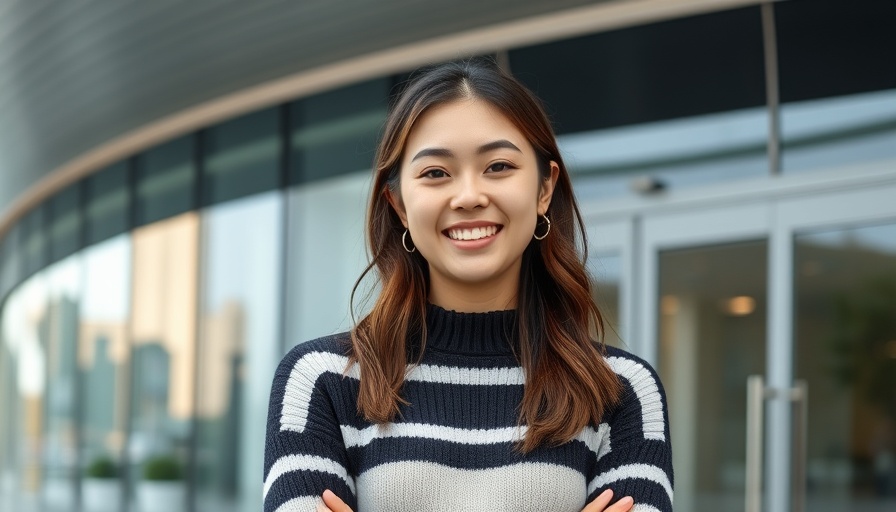 Smiling woman in striped sweater outside modern building, AI job cuts