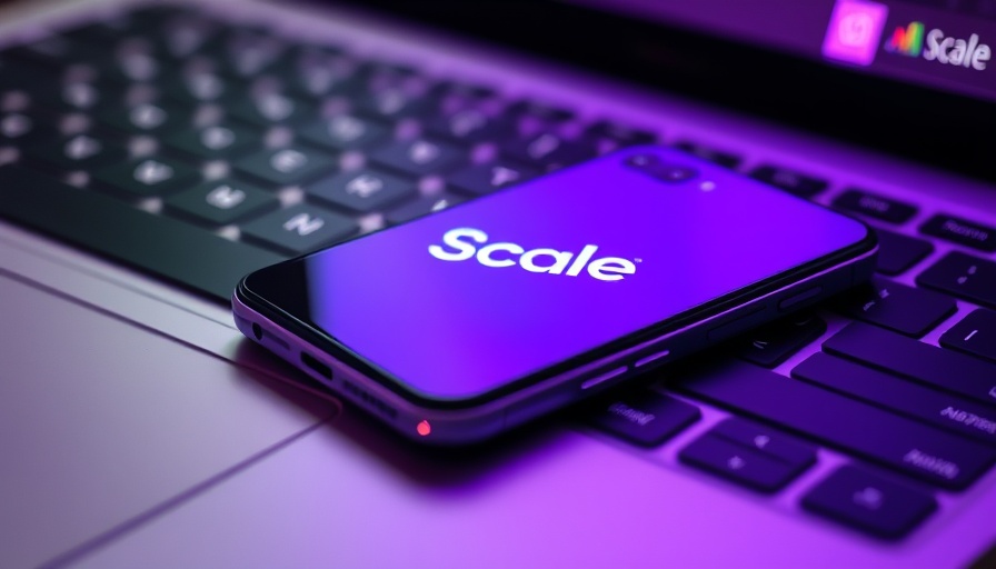 Scale logo on smartphone over keyboard, purple lighting