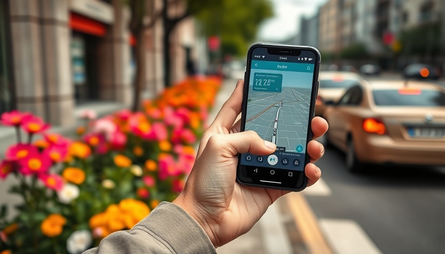 Person navigating ride-share app in urban environment, business startup funding.