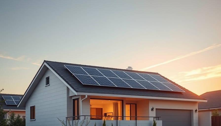 Modern suburban home with solar panels at sunrise.