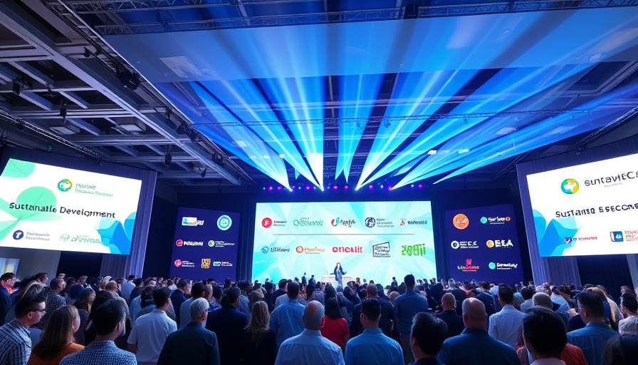 Sustainable development conference stage with colorful logos and attendees in silhouette.