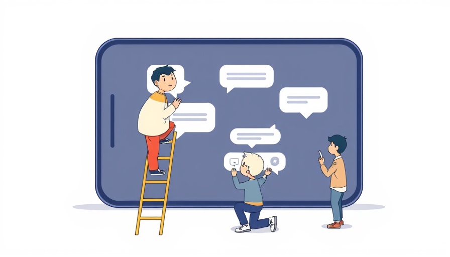Cartoon characters discussing digital strategies on a large smartphone.
