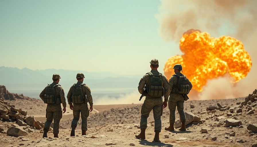 Soldiers in camouflage observe explosion in desert