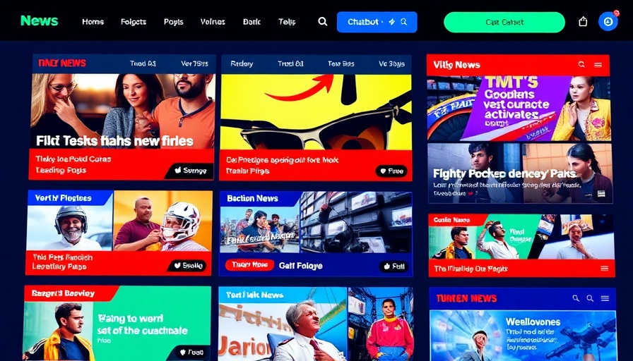 Chatbot feature in colorful online news layout emphasizes disinformation topic.