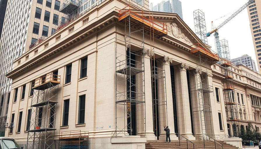 Federal Reserve building refurbishment project in progress, exterior view.