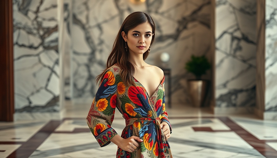 Elegant woman in vibrant dress standing confidently in a marble interior.
