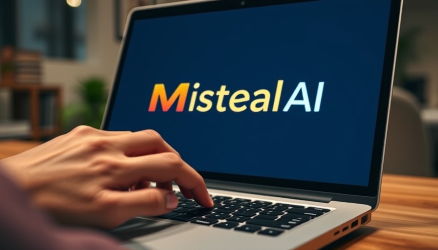Person typing on laptop showing Mistral AI logo, deep research mode chatbot.