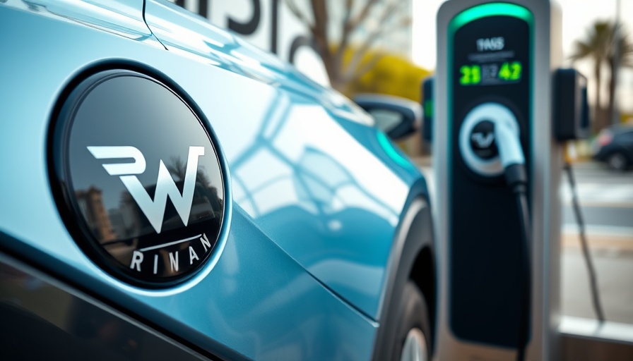 Rivian electric vehicle charging, highlighting logo, urban setting.