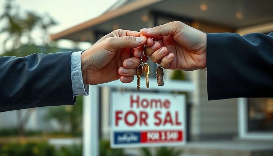 Hands exchanging keys by 'Home for Sale' sign, real estate transaction.