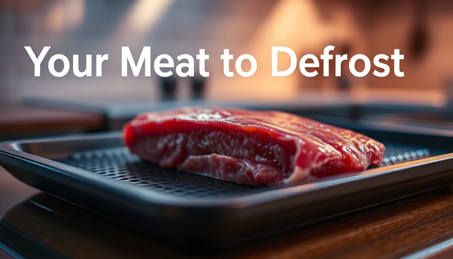 Red meat on a black defrosting tray with text overlay.