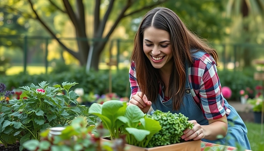 Woman gardening in a tiny salad garden, smiling in a park.