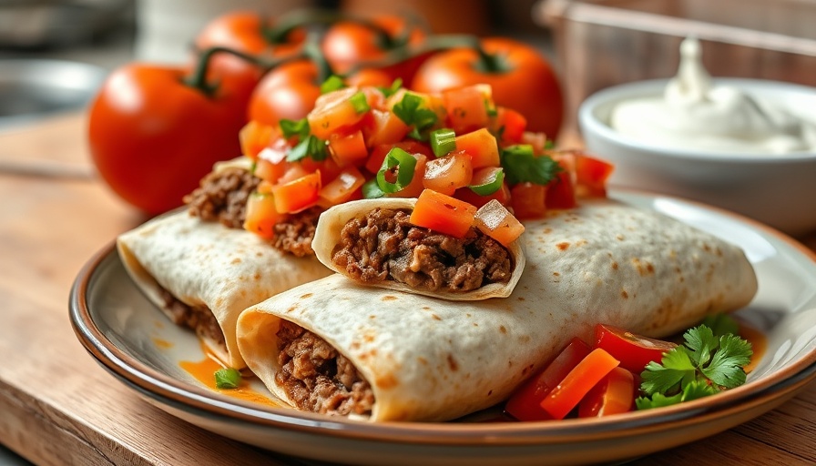 Easy dinner ideas: beef burritos with salsa and tomatoes.