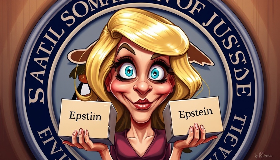 Pam Bondi Epstein scandal caricature holding boxes with 'Epstein' labels.