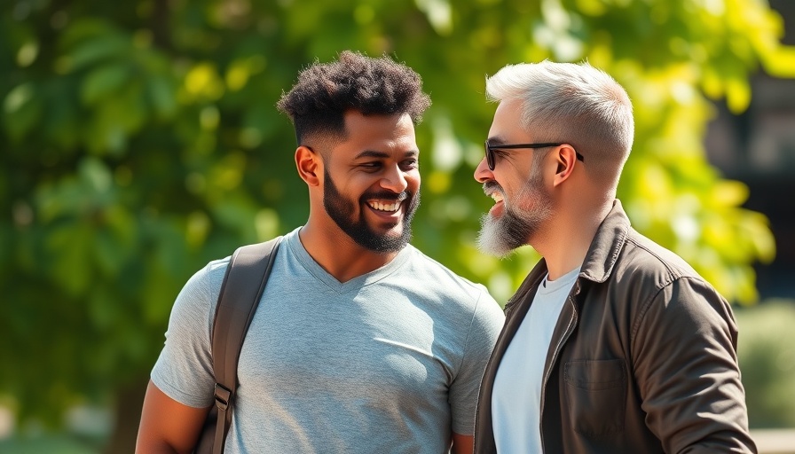 Two men in conversation outdoors, bright daylight