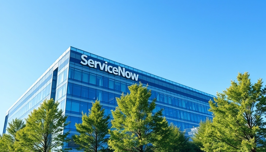 ServiceNow headquarters building under clear blue sky with logo displayed.