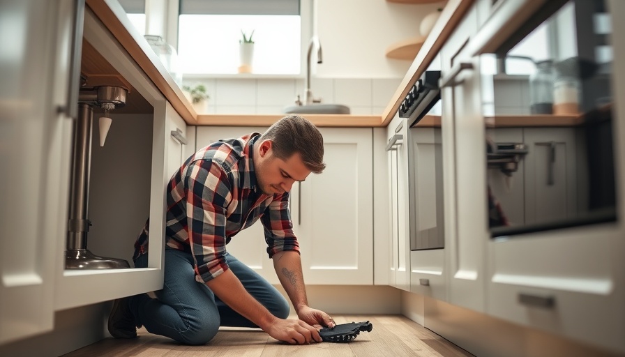 Handyman performing 4-point inspection under kitchen sink.