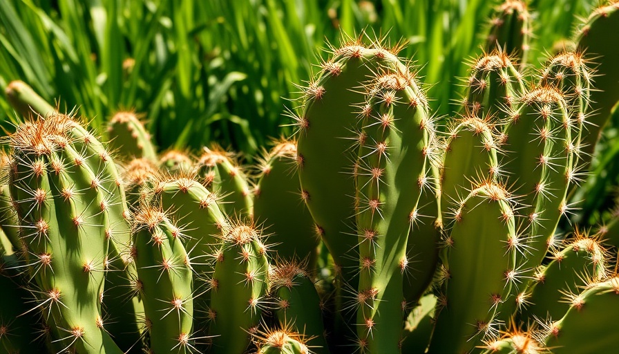 Close-up of cactus pads with spines, vibrant garden background