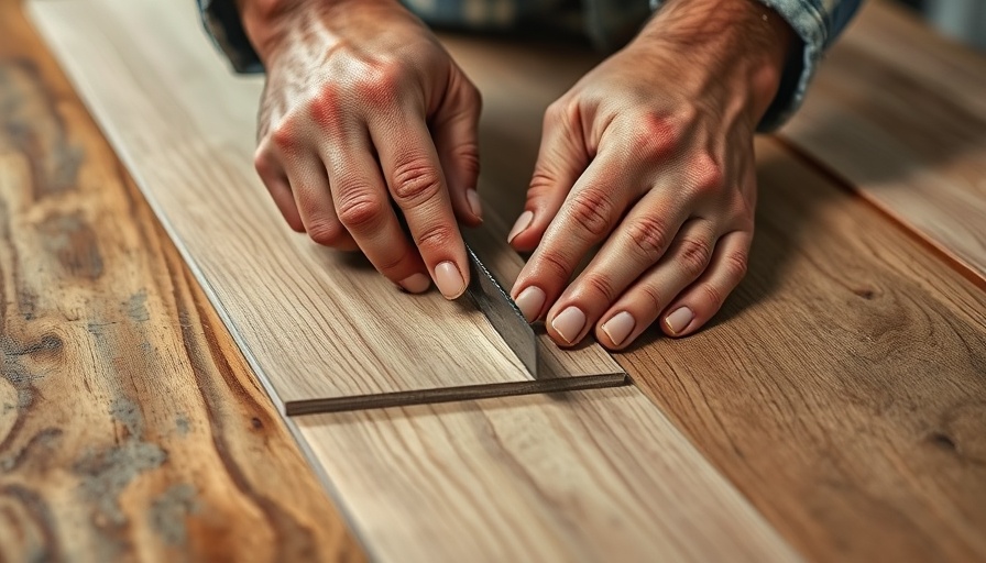 Hands cutting vinyl plank flooring on a workbench, close-up detail.