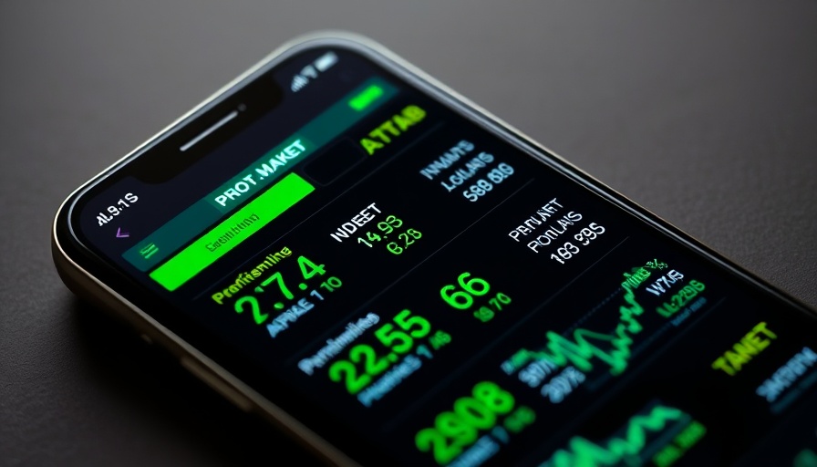 Smartphone showing financial indices with stock market trends.