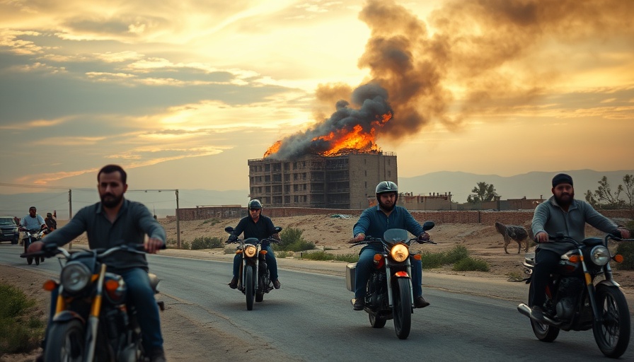 Motorcyclists pass smoke and fire in Syria Druze region ceasefire.