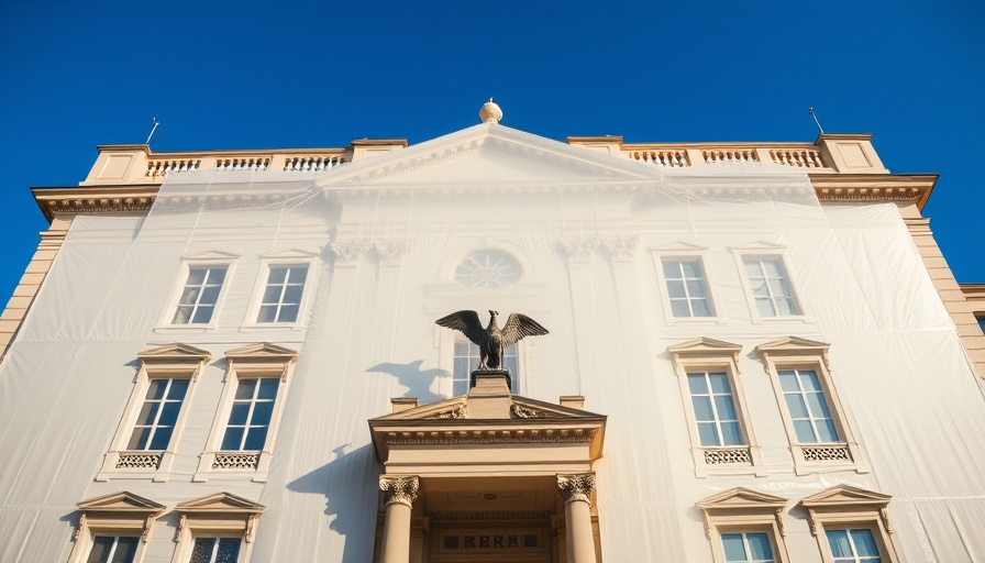 Renovation on a historic building facade with eagle statue.