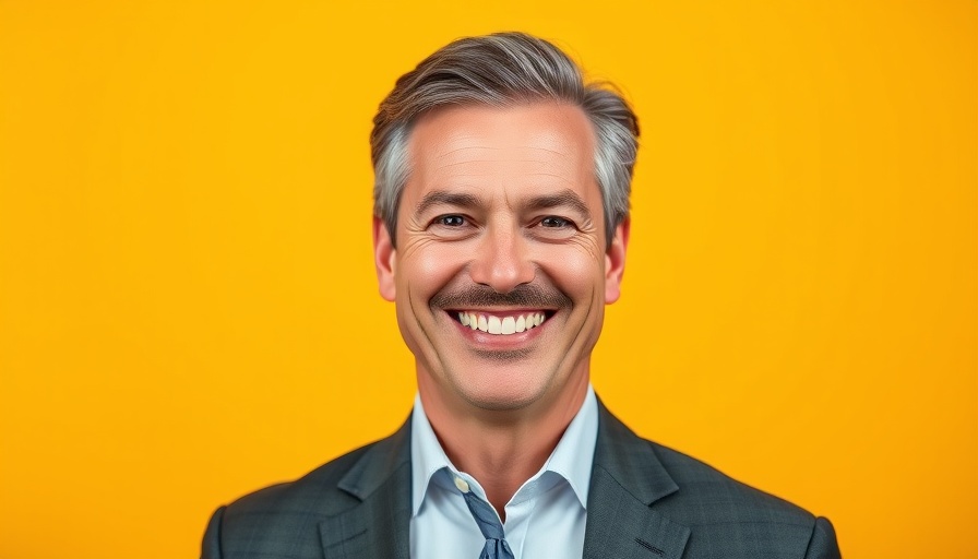Middle-aged man smiling in suit against yellow background, Crayola CEO Success Tips.
