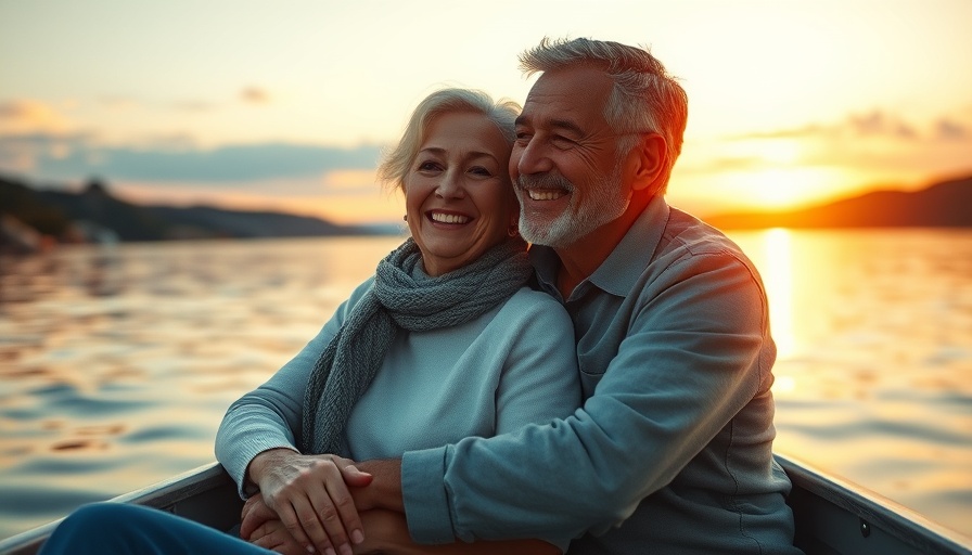 Happy middle-aged couple enjoying sunset on a boat.