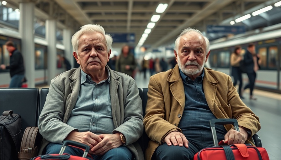 Frustrated older couple at train station facing travel follies.